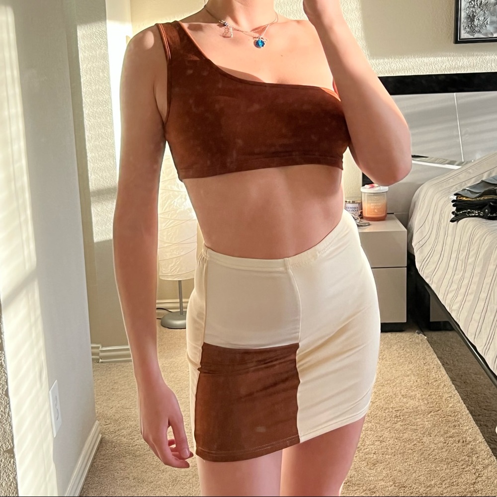 Brown, Tan, White Skirt Set